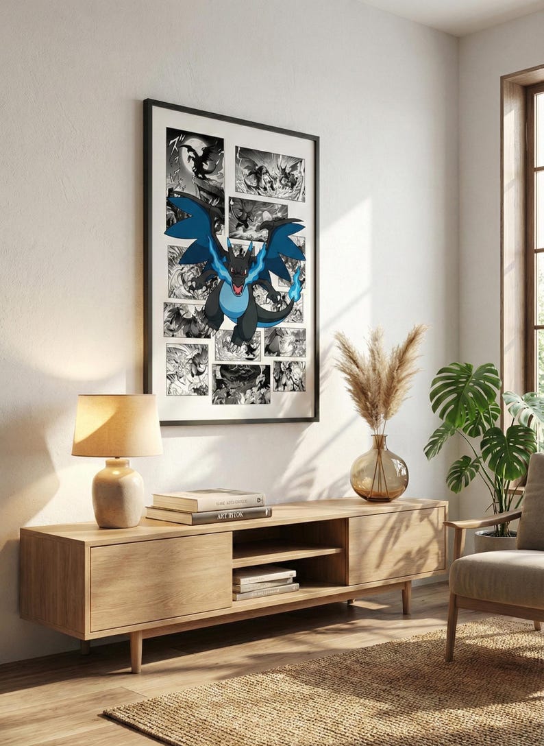 May include: A framed wall art print featuring a black and white manga-style collage of various scenes, with a large, central, full-color illustration of a black and blue dragon-like creature with blue flames emitting from its mouth and tail.