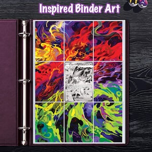 May include: A dark purple three-ring binder containing nine clear plastic pockets. The pockets display a continuous, vibrant, multi-colored abstract art print featuring swirling red, yellow, purple, and green patterns with a central trading card.