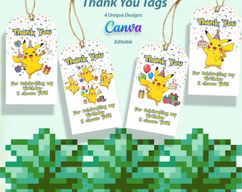 Printable Pokemon Pikachu Favor Tags - Cute Thank you Tags - Pokemon Gift Tag- Size 2x3.5 Inches - Canva Template - Instant Download -
