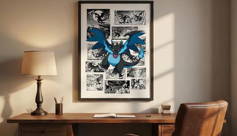 May include: Framed artwork featuring a black and blue dragon character with blue flames, set against a black and white comic strip background. The artwork is displayed on a wall above a wooden desk with a lamp and office supplies.