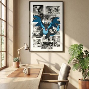 May include: Framed poster featuring a black and blue dragon with blue flames, set against a black and white comic strip background. The artwork is displayed in a modern office setting, with a desk, chair, and potted plants.
