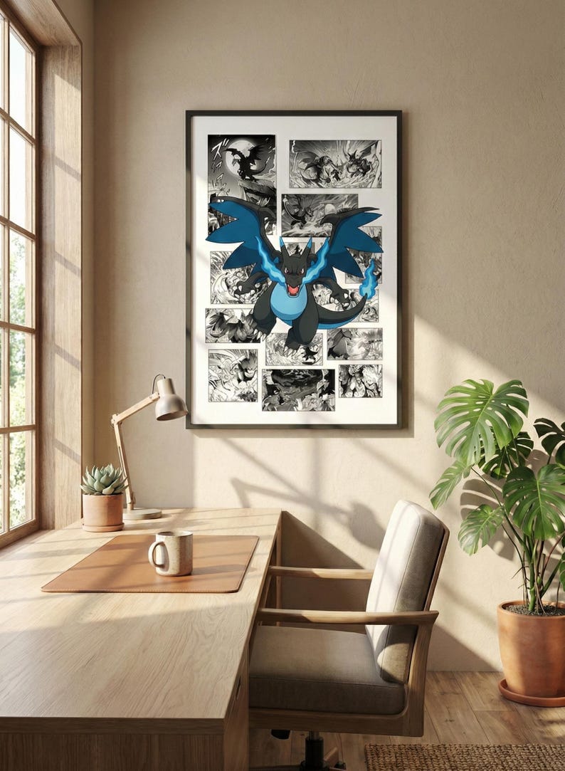 May include: Framed poster featuring a black and blue dragon with blue flames, set against a black and white comic strip background. The artwork is displayed in a modern office setting, with a desk, chair, and potted plants.