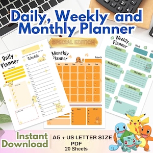 May include: A collection of printable planners, including daily, weekly, and monthly layouts. The designs feature a white background with orange and green accents, and include the text "Daily, Weekly and Monthly Planner". The image also includes the text "Instant Download".