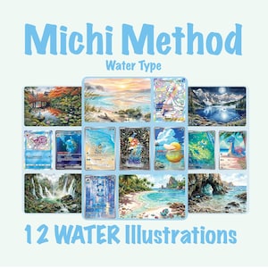 May include: A collection of 12 "Water Type" illustrations, featuring various aquatic scenes and creatures. The text "Michi Method" and "12 Water Illustrations" are displayed in light blue. The illustrations include landscapes and character art.