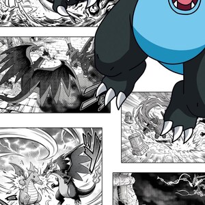 May include: Black and white manga panels depicting dragon-like creatures in action. One panel shows a close-up of a blue and black dragon. Other panels show battles with energy effects and detailed backgrounds. The art style is dynamic and full of movement.