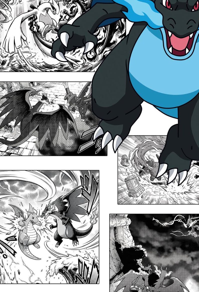 May include: Black and white manga panels depicting dragon-like creatures in action. One panel shows a close-up of a blue and black dragon. Other panels show battles with energy effects and detailed backgrounds. The art style is dynamic and full of movement.