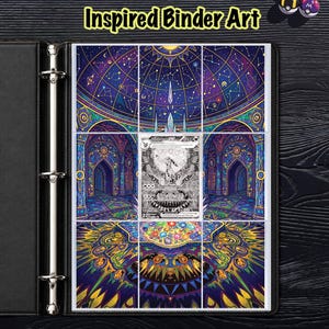 Può includere: Un raccoglitore nero a tre anelli contenente una pagina a nove tasche con un'illustrazione ispirata a Umbreon. L'opera presenta una vivace scena interna in stile vetrata con un soffitto celeste e una carta collezionabile centrale.