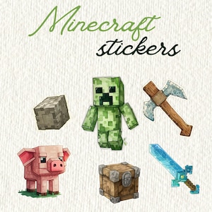 Puede incluir: Un conjunto de seis pegatinas con temática de Minecraft que incluyen un creeper verde, un pico marrón, un bloque de piedra gris, un cerdo rosa, un cofre de madera marrón y una espada azul.
