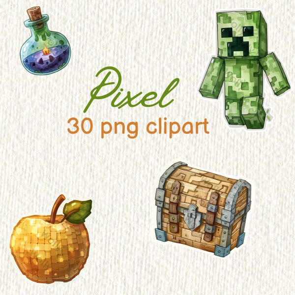 Pixel-Clipart-Bundle | 30 PNG-Aquarell-Spielelemente | Creeper, Truhe, Trank, Apfel | Kommerzielle Nutzung
