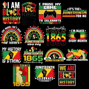 May include: A collection of graphic designs with text and illustrations celebrating Juneteenth. Designs include phrases like "I am Black History," "Juneteenth Vibes Only," and "Celebrate Freedom." The color palette features red, yellow, green, and black.