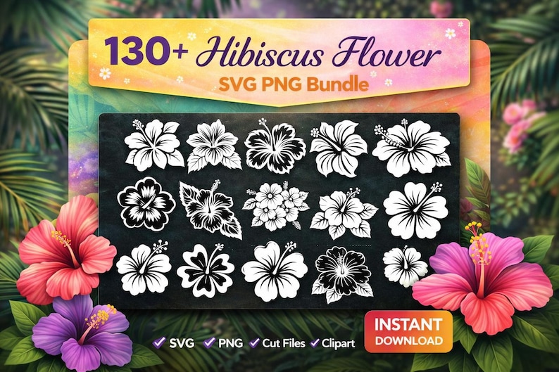 130+ Hibiscus Flower SVG PNG Bundle, Tropical Floral Clipart (instant ...