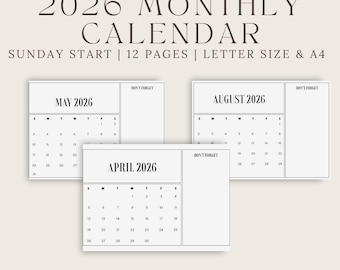 Afdrukbare maandkalender 2026, start zondag (digitale download)