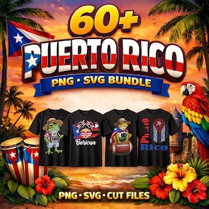 Puede incluir: Un paquete de arte digital con el texto "60+ PUERTO RICO" y una bandera puertorriqueña. La imagen incluye cuatro camisetas negras, cada una con un diseño único que presenta una rana, una mujer y un diseño de huellas dactilares.