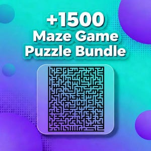 Puede incluir: Gráfico digital con fondo degradado turquesa y morado. El texto "+1500 Maze Game Puzzle Bundle" es blanco, con contorno negro. Debajo, un rompecabezas de laberinto en blanco y negro dentro de un rectángulo azul claro.