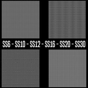Könnte beinhalten: Schwarzer Hintergrund mit vier weißen Punktmustern unterschiedlicher Dichte. Der weiße Text "SS6 - SS10 - SS12 - SS16 - SS20 - SS30" deutet auf Größen oder Stile hin.