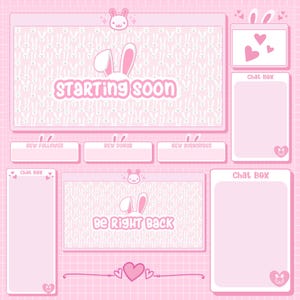 Puede incluir: Un diseño de superposición de transmisión rosa con un tema de conejito. El diseño incluye pantallas con los textos "Starting Soon" y "Be Right Back", cuadros de chat y elementos decorativos como corazones y orejas de conejito. El fondo tiene un patrón de cuadrícula.