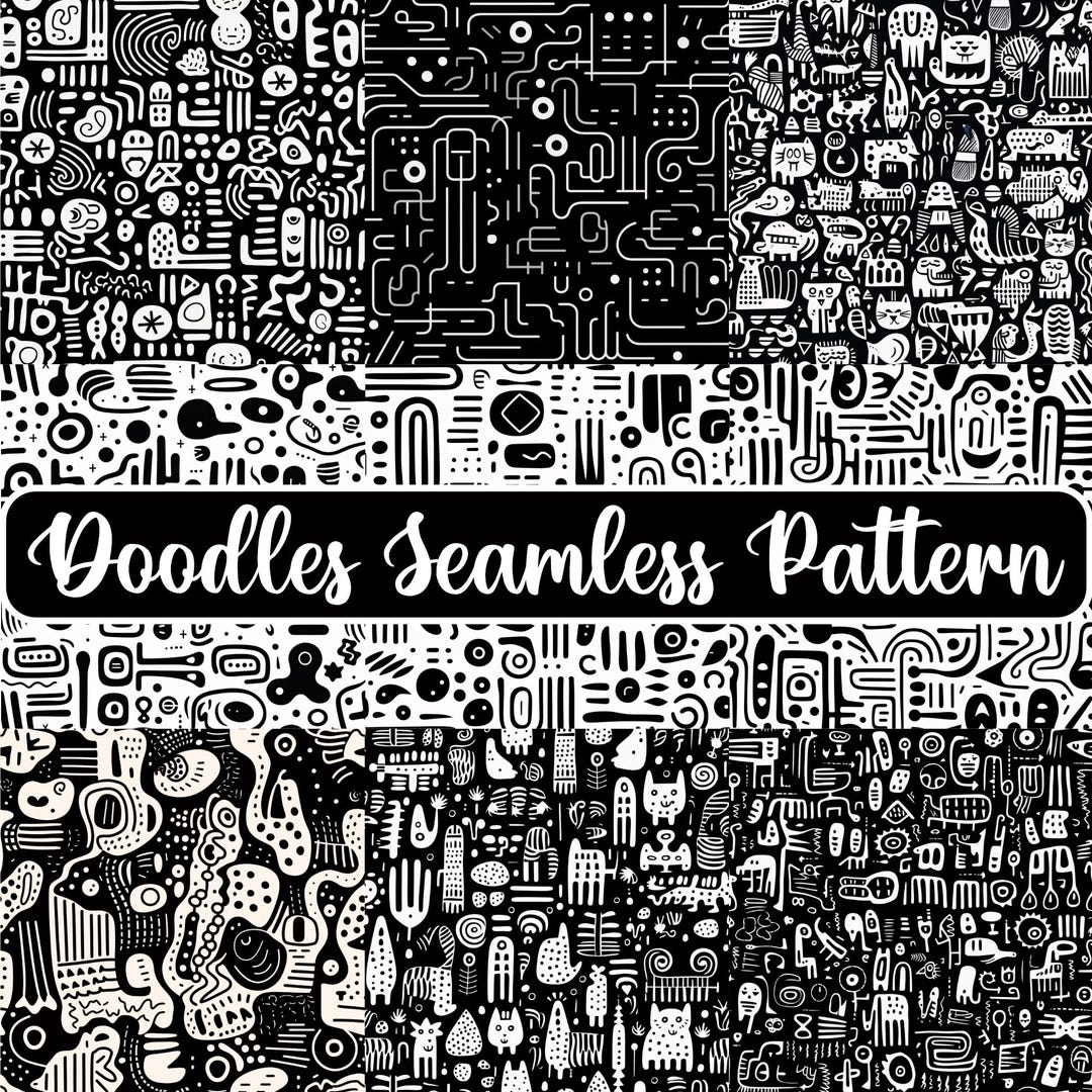 Black and White Doodles Seamless Pattern | Digital Paper (JPG) - Etsy