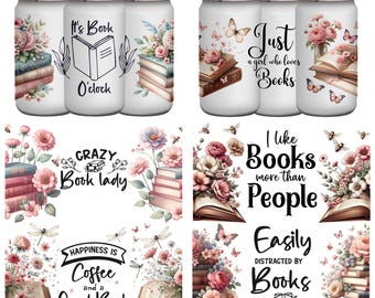 Book Lover Floral Glass Can Wrap, Sublimation Designs (Digital Download)