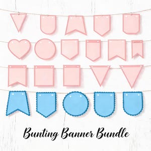 Puede incluir: Una colección de banderines rosas y azules de varias formas, incluyendo triángulos, corazones y rectángulos, colgados de una cuerda fina. El texto "Bunting Banner Bundle" se muestra en cursiva en la parte inferior.