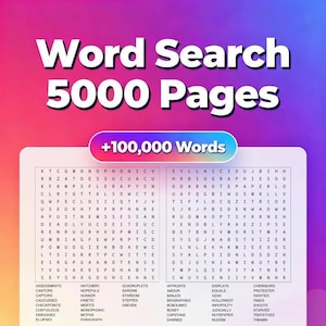 Pode incluir: Um livro de quebra-cabeças de busca de palavras com o título "Word Search 5000 Pages" em letras brancas grandes e em negrito. O livro apresenta um fundo gradiente roxo e rosa e inclui mais de 100.000 palavras. A grade do quebra-cabeça e as listas de palavras são visíveis.