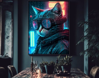 CYBERPUNK CAT, Printable, Wall art painting/poster, Digital download ART, Cyberpunk poster, Cyberpunk art