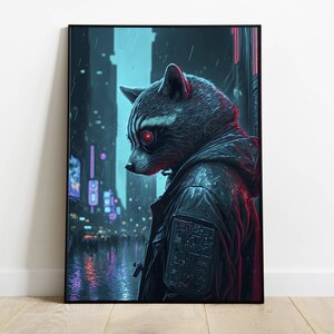 CYBERPUNK RACOON, Printable, Wall art painting/poster, Digital download ART, Cyberpunk poster, Cyberpunk art