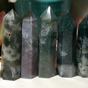 Beautiful Moss Agate Towers. Average between 2.9 to 3.3 inches tall. Stunning Quality