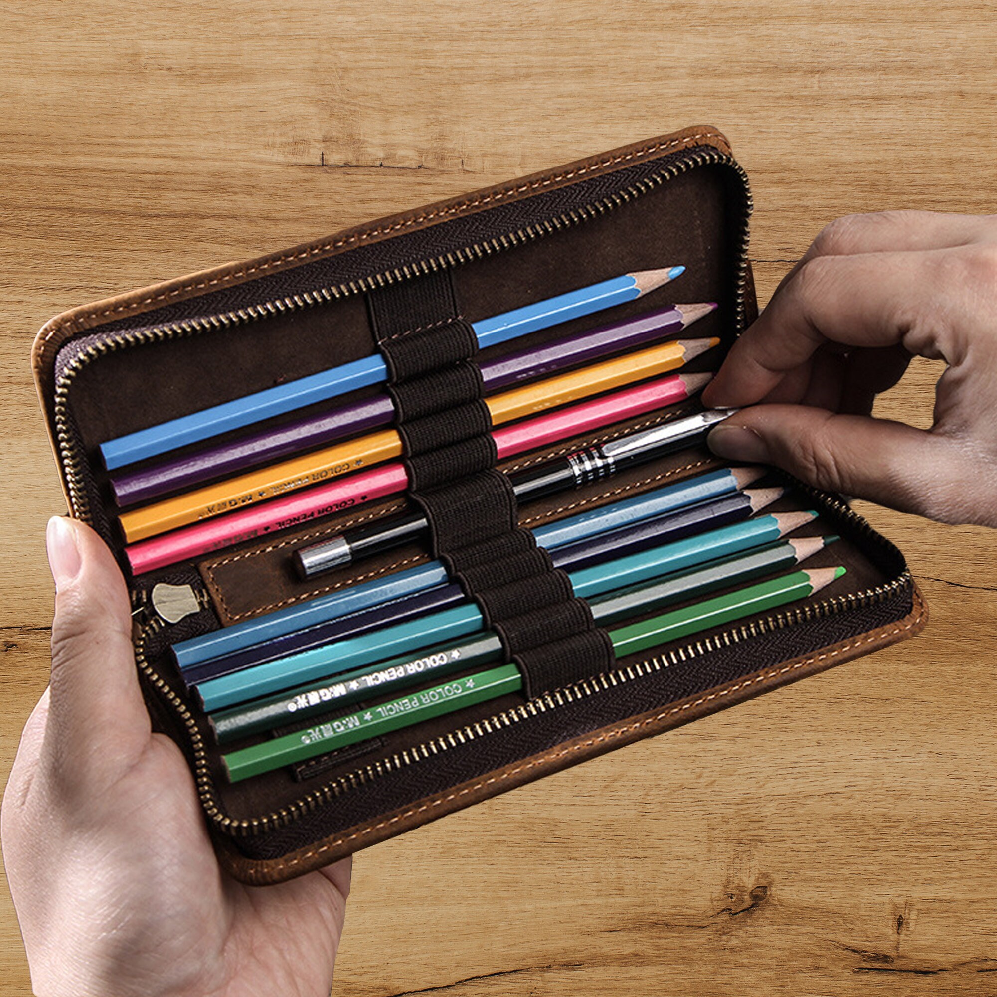 Leather Pencil Case, Pencil Roll Pouch, Leather Pen Sleeve, Travel