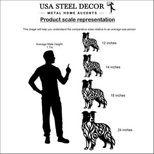 May include: A comparison chart showing the size of four different metal border collie silhouettes, ranging from 12 inches to 24 inches, next to a silhouette of a person who is 1.7 meters tall.