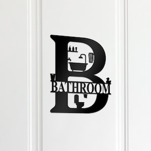 Bathroom Metal Door Sign | Monogram Wall Art with Icons | Powder Coated Steel Indoor Decor for Bathroom Door or Wall