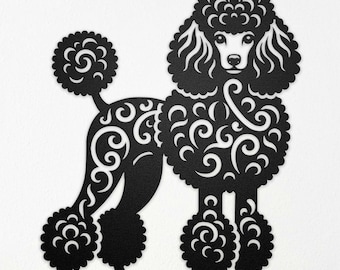 May include: Black and white silhouette of a poodle with a curly, ornate design. The poodle is standing with its head turned to the side.