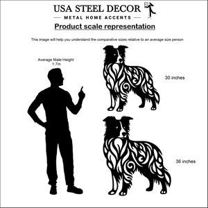 May include: Black silhouette of a person standing next to two black metal dog silhouettes. The dog silhouettes are 30 inches and 36 inches tall. The text "USA STEEL DECOR" and "METAL HOME ACCENTS" is at the top of the image. The text "Product scale representation" is below the company name. The text "This image will help you understand the comparative sizes relative to an average size person" is below the product scale representation text. The text "Average Male Height 1.7m" is to the left of the person silhouette. The text "30 inches" is to the right of the smaller dog silhouette. The text "36 inches" is to the right of the larger dog silhouette.