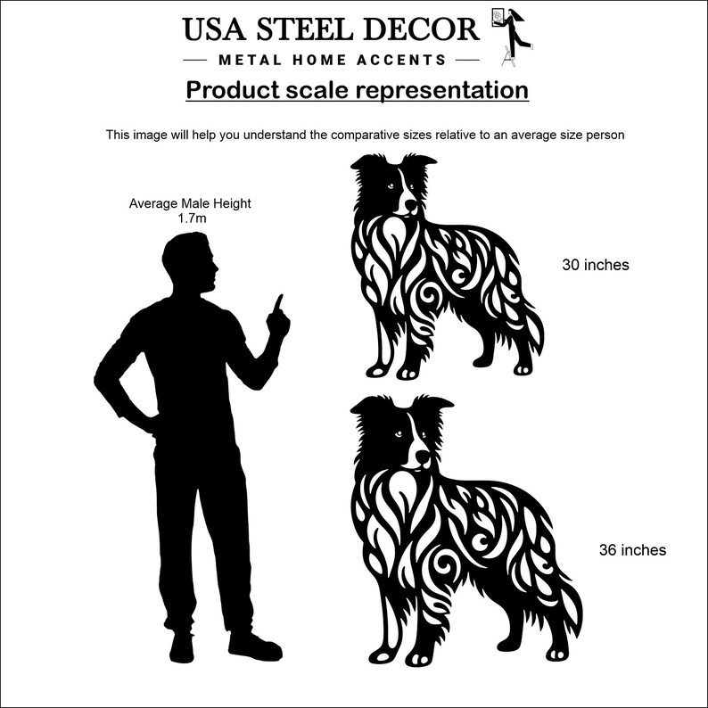 May include: Black silhouette of a person standing next to two black metal dog silhouettes. The dog silhouettes are 30 inches and 36 inches tall. The text "USA STEEL DECOR" and "METAL HOME ACCENTS" is at the top of the image. The text "Product scale representation" is below the company name. The text "This image will help you understand the comparative sizes relative to an average size person" is below the product scale representation text. The text "Average Male Height 1.7m" is to the left of the person silhouette. The text "30 inches" is to the right of the smaller dog silhouette. The text "36 inches" is to the right of the larger dog silhouette.