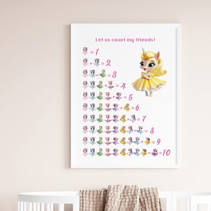 Póster infantil - Lindos números niña unicornio - Aprende a contar (título en alemán e inglés)