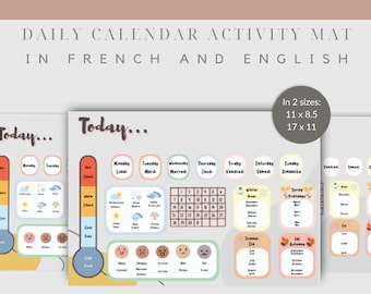 May include: A printable daily calendar activity mat in French and English. The mat features a thermometer, weather icons, days of the week, a calendar grid, and seasonal sections with months listed. The mat is available in two sizes: 11 x 8.5 inches and 17 x 11 inches.
