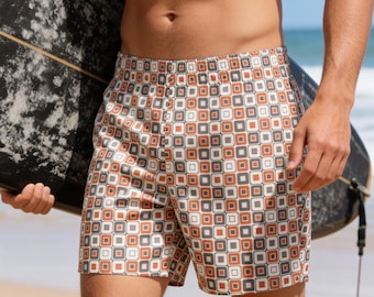 Mens Retro Swim Trunks Geometric Pattern, Orange Blue Vintage Swim Shorts, Square Print Beach Shorts, Summer Vacation Swimwear Men