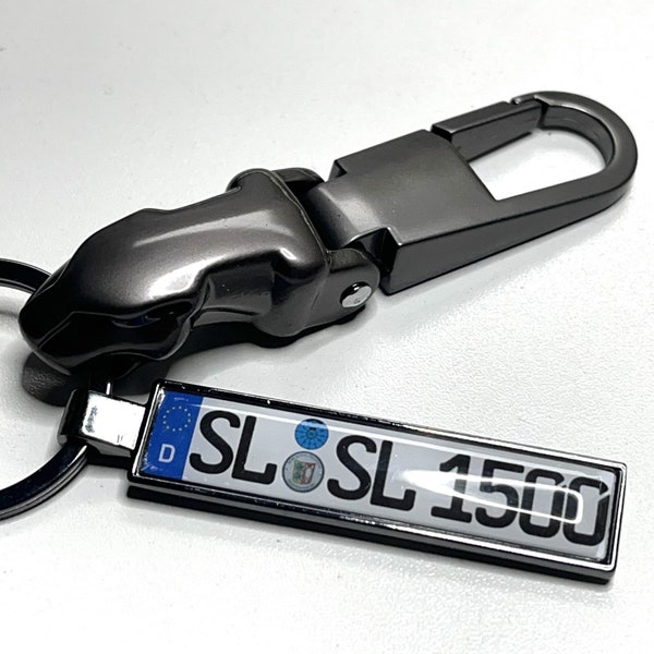 Key ring Jaguar carabiner anthracite license plate with desired text