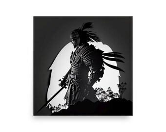 Samurai Portrait Poster, Minimalist, Black and White, Japanese Wall Art