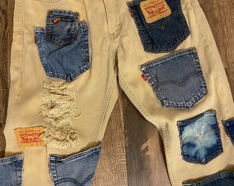 Pockets Full Of Blessings. Vintage 541 Levis Jeans Bleached, Distressed and Reworked Avant Garde Style.