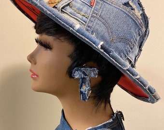 Initial T “3D” Denim Patchwork Earrings Size: Medium