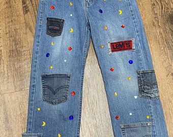 Pocket Full Of Blessings & Bling Custom Upcycled Avant Garde Style Youth Levi’s Jeans