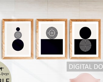 Boho Geometric Abstract Digital Triple Wall Art Poster Set - Black and White