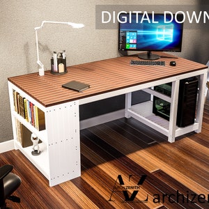 Puede incluir: Escritorio de ordenador blanco con una tapa de madera y un estante para una torre de ordenador. El escritorio tiene un estante en el lado izquierdo para libros y una lámpara en el escritorio.