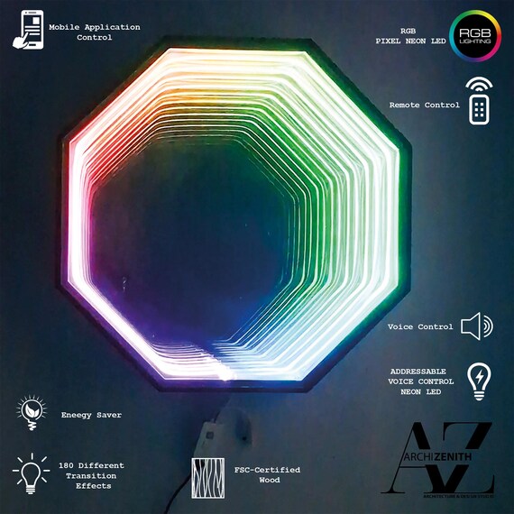 Octagon Infinity Mirror: Voice Controlled Pixel Neon LED, Modern Home Decor