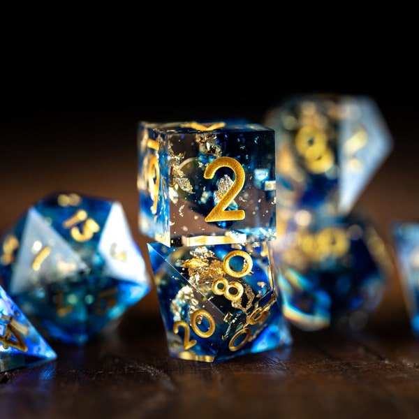 Polyhedral dice Space Dice / Starry Night  - Sharp Edge Dice for dnd / dnd Resin Dice Set / Glitter Dice Set / Blue and Gold Dice