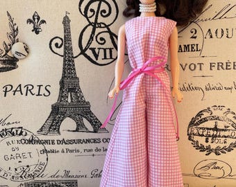 11.5 inch Doll Clothes - Pink Gingham Print Romper with Ribbon Around Waist - Vintage Style