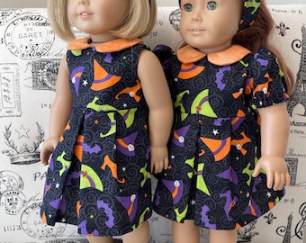 18 Inch Doll Halloween Dress – Sparkly Black Cotton, Orange Collar
