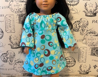 18” Doll Dress - 70s Style Teal Dress with Abstract Circle Print