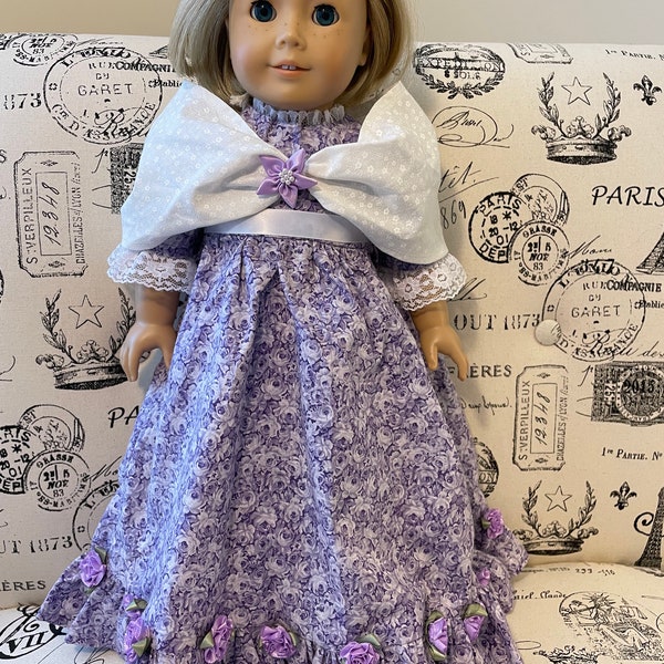 18” Doll Dress - Purple Floral Dress with Attached White Shawl, Satin Flowers, Tulle Petticoat - historical style