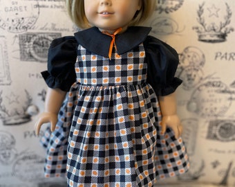 18” Doll Jumper - Plaid Jumper, Orange/Black/White Shirt, White Bloomers, back to school